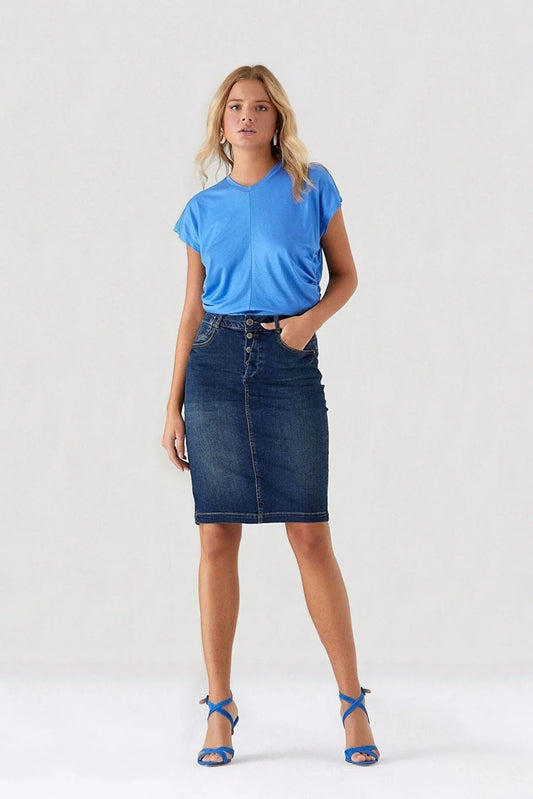 Pantamo Jeans Pantamo Mid-Tone Distressed Midi Woman's Denim Skirt