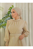 Hijabiya Women's Collar Gathered Sleeves Belted Linen Dress Hijabs