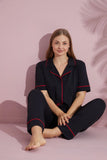 Pijamood  Plus Size Women's Black Short Sleeve Cotton Front Buttoned Pijama Set