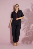 Pijamood  Plus Size Women's Black Short Sleeve Cotton Front Buttoned Pijama Set