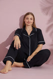 Pijamood  Plus Size Women's Black Short Sleeve Cotton Front Buttoned Pijama Set