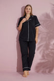 Pijamood  Plus Size Women's Black Short Sleeve Cotton Front Buttoned Pijama Set