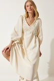 Happiness Istanbul Women's Cream Guipure Detailed Summer Linen Dress