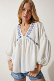 Happiness Istanbul Women's Ecru Deep V-Neck Flounce Embroidered Linen Blouse