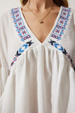 Happiness Istanbul Women's Ecru Deep V-Neck Flounce Embroidered Linen Blouse