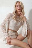 Trend Alaçatı Style Women's Cream Crew Neck Sleeves Lace Up Crop Blouse