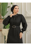 Hijabiya Women's Collar Gathered Sleeves Belted Linen Dress Hijabs