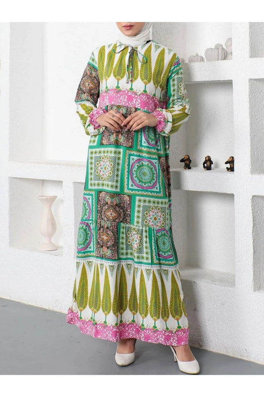 Hijabiya Women's Ethnic Pattern Lace Up Elastic Sleeve Dress Hijabs