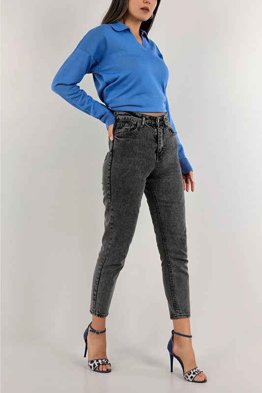 ByCukurovaFrango Women's Smoked High Waist Cut Mom Jean Jeans