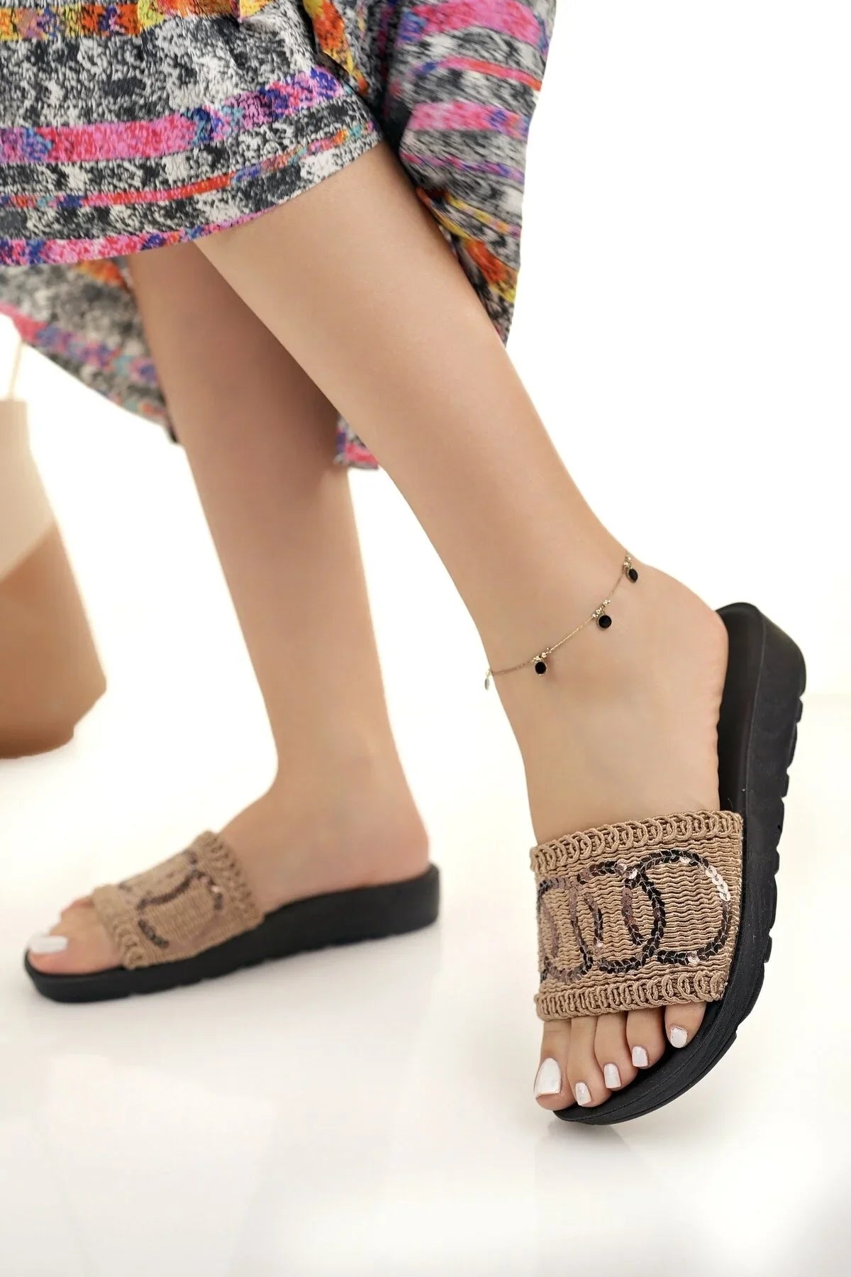 Modafırsat Women's Straw  Knitting Lace Stone Detailed Stylish Slippers