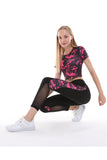 Buzzard Women's Black Pink Patterned Tulle Detailled Leggings