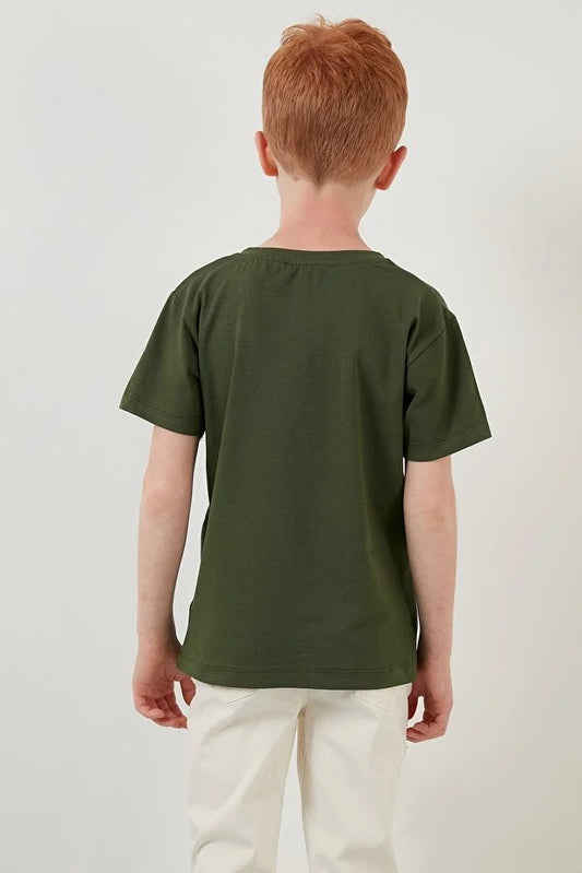 Lela Boy's Khaki Printed Crew Neck Cotton T-Shirt