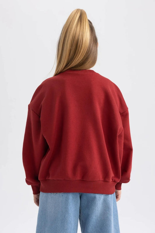 Defacto Girl's Red Oversize Fit Thick Sweatshirt