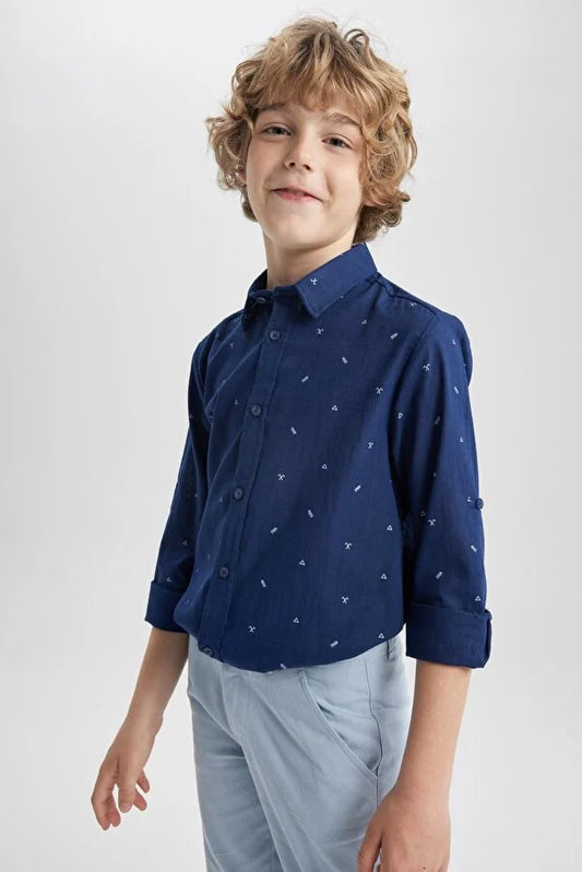 Defacto Boy's Blue Linen Look Long Sleeve Shirt