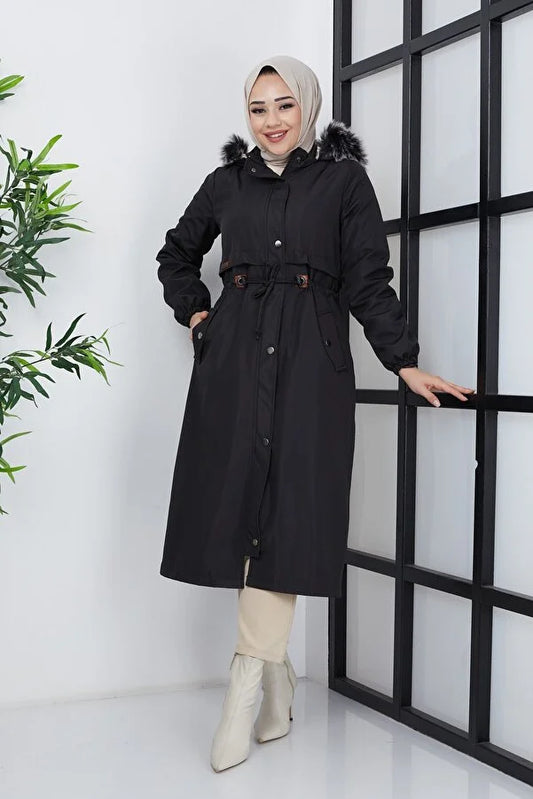 Imajbutik Women's Black Modest Hooded Fur Lined Drawstring Bondik Hijab Coat