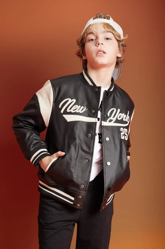 Defacto Boy's Black White Repellent College Collar Bomber Faux Leather Coat