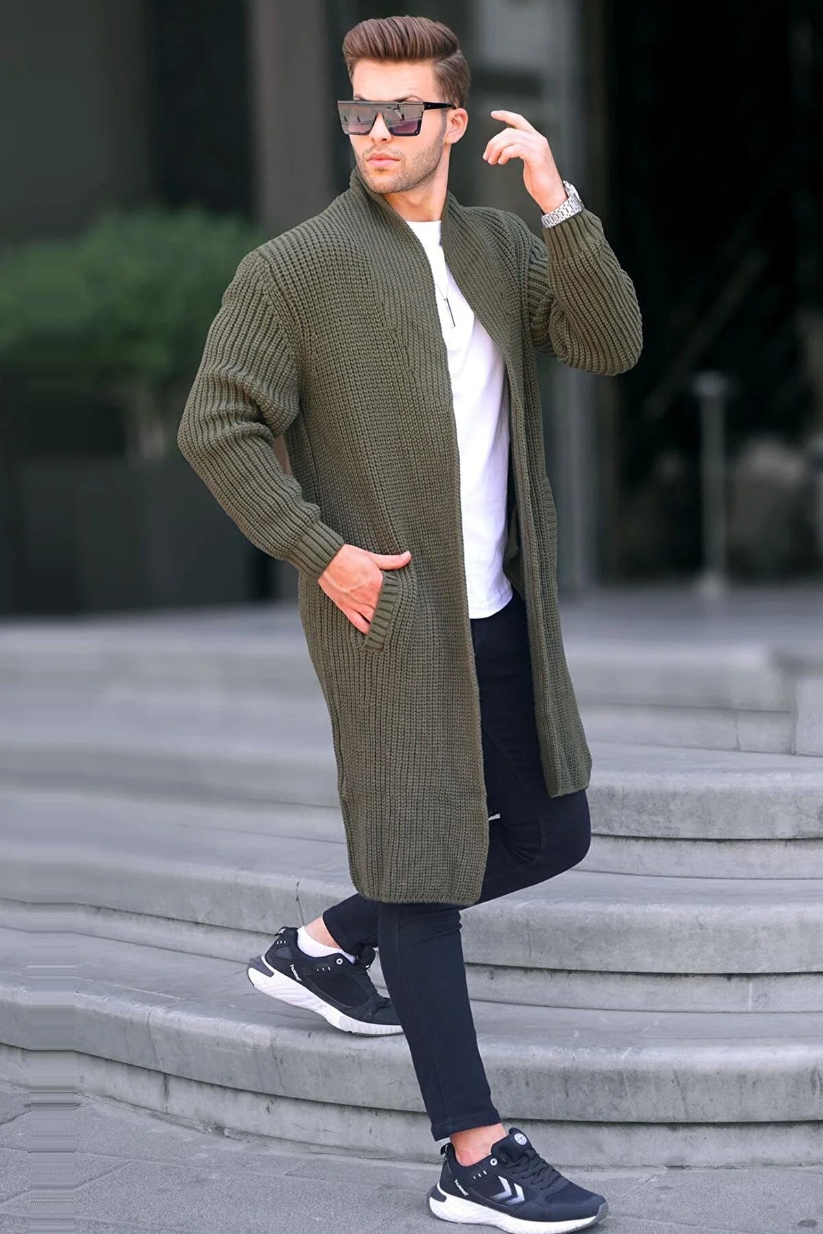 Madmext Men's Khaki High Collar Pocket Long Knitwear Cardigan