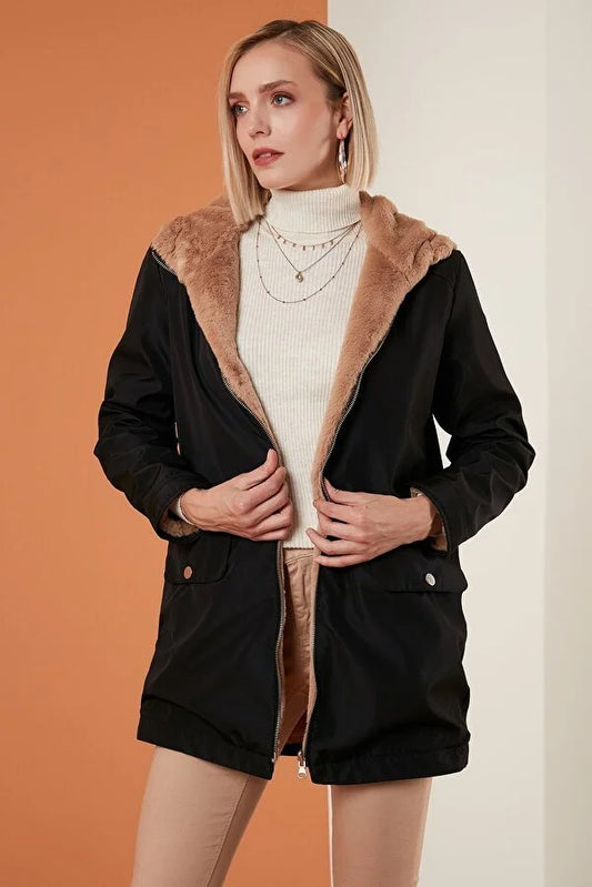 Lela Women's Double Sided Regular Fit Faux Fur Inside Pocket Coat