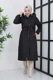 Imajbutik Women's Black Modest Hooded Fur Lined Drawstring Bondik Hijab Coat