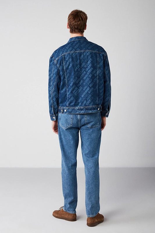 Grimelange Men's Denim Blue Laser Printed Thick Textured Jacket