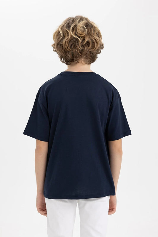 Defacto Boy's Navy Blue Oversize Fit Crew Neck Printed Short Sleeve T-Shirt