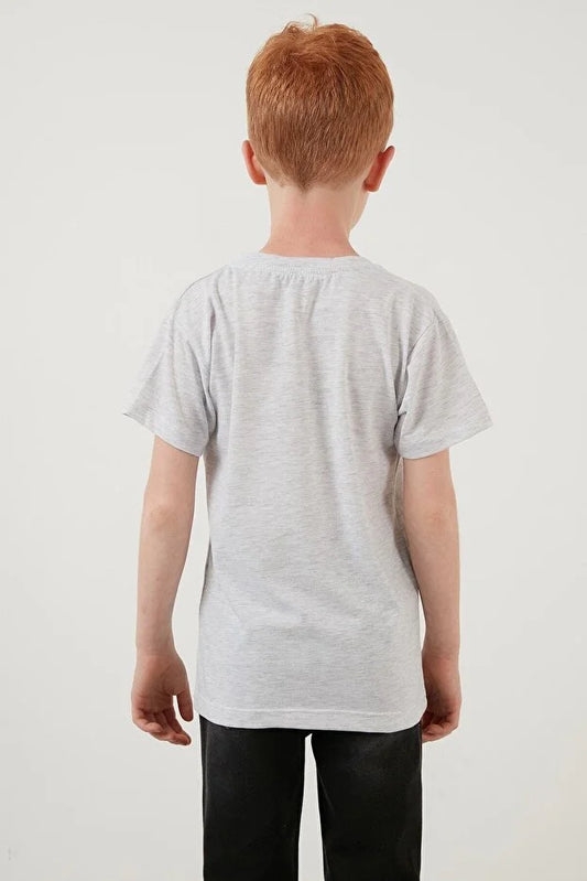 Lela Boy's Grey Printed Crew Neck Cotton T-Shirt