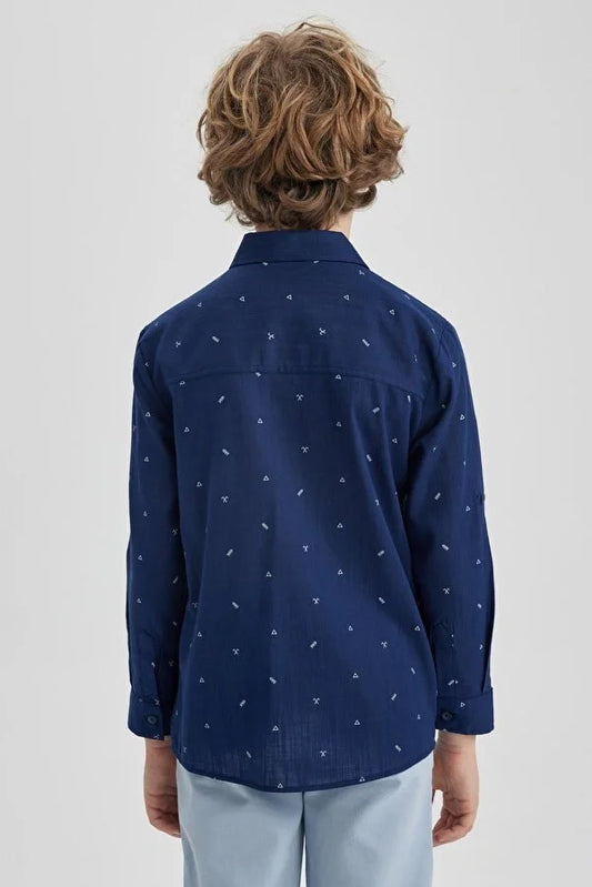 Defacto Boy's Blue Linen Look Long Sleeve Shirt