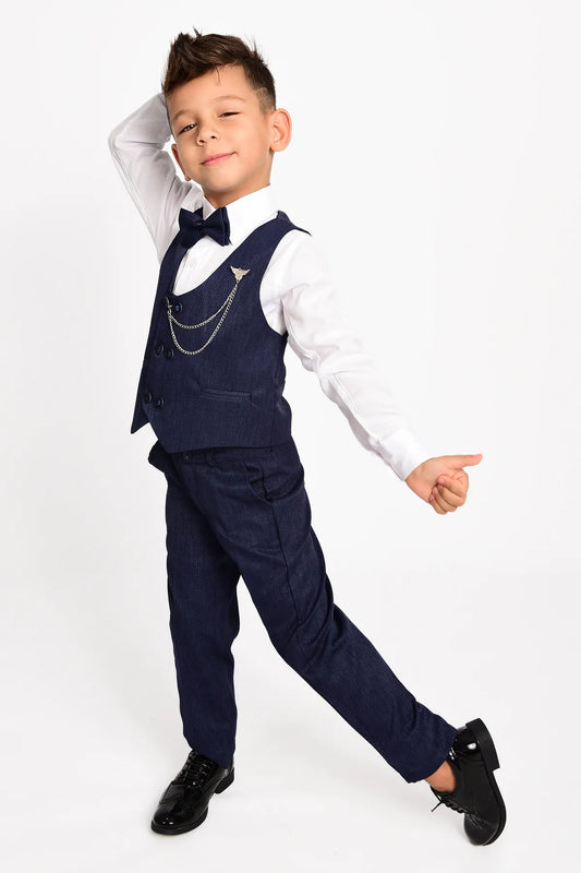 Entel Boy's Navy Blue Chain Tuxedo Vest and Bow Tie Suit