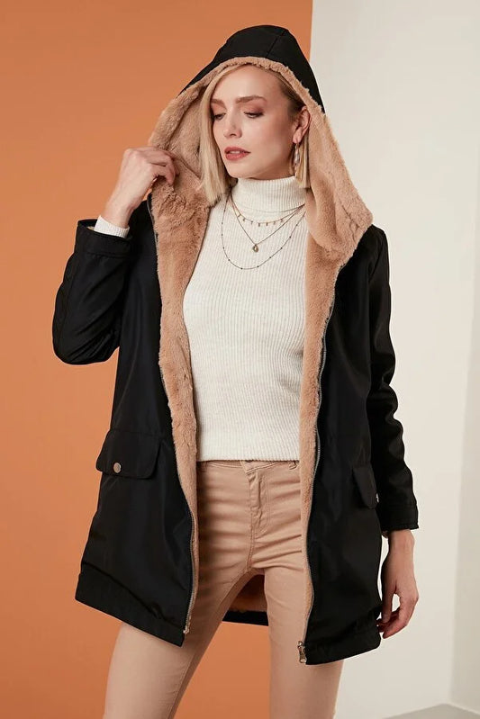 Lela Women's Double Sided Regular Fit Faux Fur Inside Pocket Coat