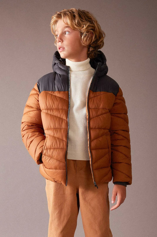 Defacto Boy's Brown Repellent Hooded Fleece Lined Puffer Coat