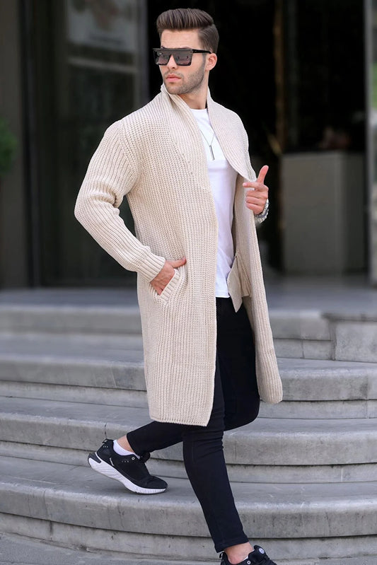 Madmext Men's Stone Color Stand Collar Long Knitwear Cardigan