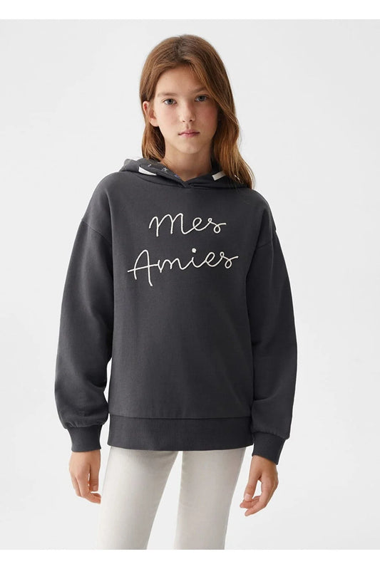Mango Kids Girl's Grey Text Embroidered Sweatshirt