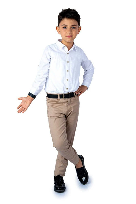 Terry Boy's White Oxford Shirt with Belt Beige Lycra Trousers Suit