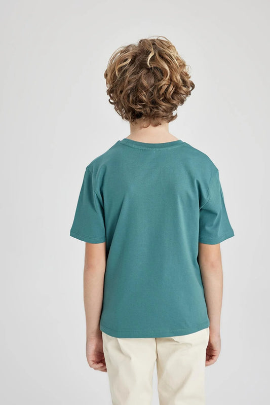 Defacto Boy's Green Regular Fit Crew Neck Printed Short Sleeve T-Shirt