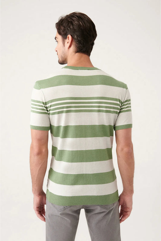 Avva Men's Water Green Crew Neck Ribbed Striped Slim Fit Narrow Cut Knitwear T-shirt