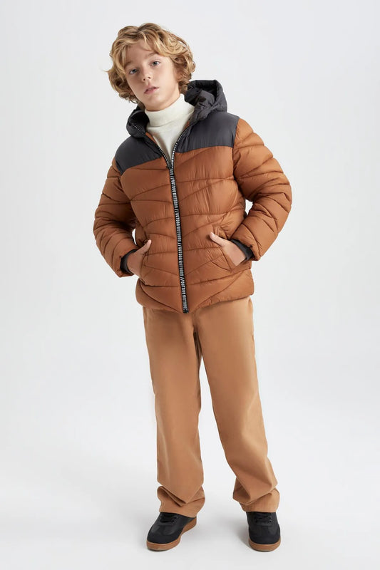 Defacto Boy's Brown Repellent Hooded Fleece Lined Puffer Coat