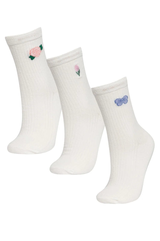 Defacto Women's Rose Printed Embroidery 3-Piece Cotton Long Socks