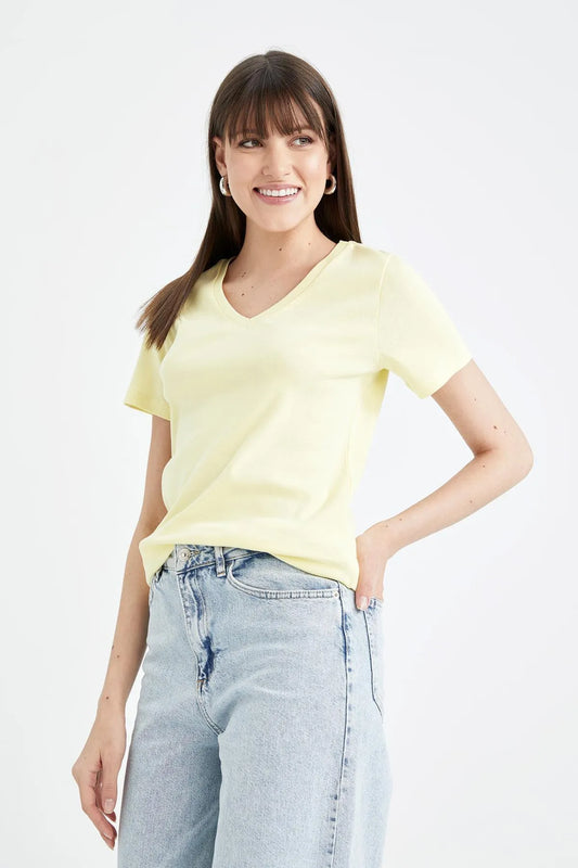 Defacto Women's Yellow Slim Fit V Neck Short Sleeve T-Shirt