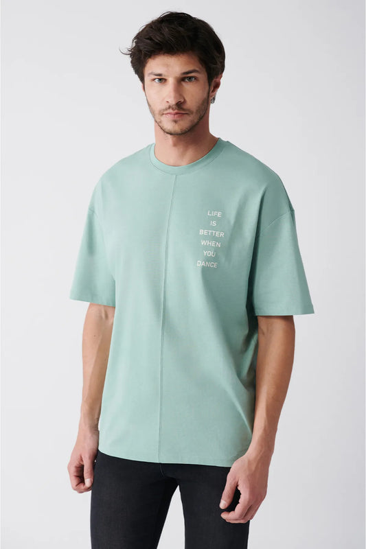 Avva Men's Aqua Green Oversize 100% Cotton Crew Neck Slogan Printed T-shirt