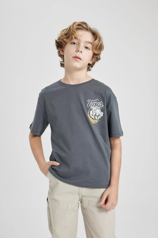 Defacto Boy's Grey Oversize Fit Crew Neck Printed Short Sleeve T-Shirt