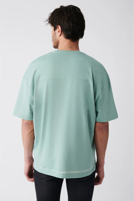 Avva Men's Aqua Green Oversize 100% Cotton Crew Neck Slogan Printed T-shirt