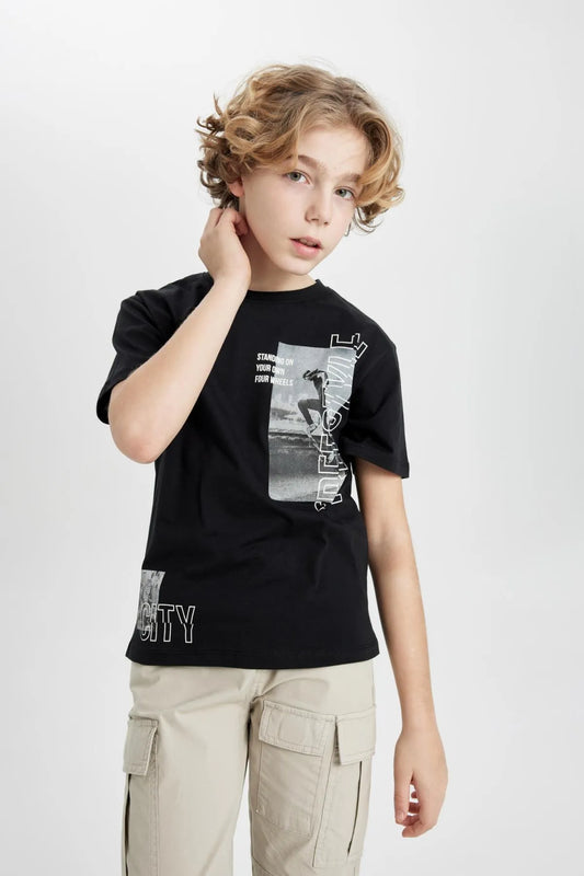 Defacto Boy's Black Regular Fit Crew Neck Printed Short Sleeve T-Shirt