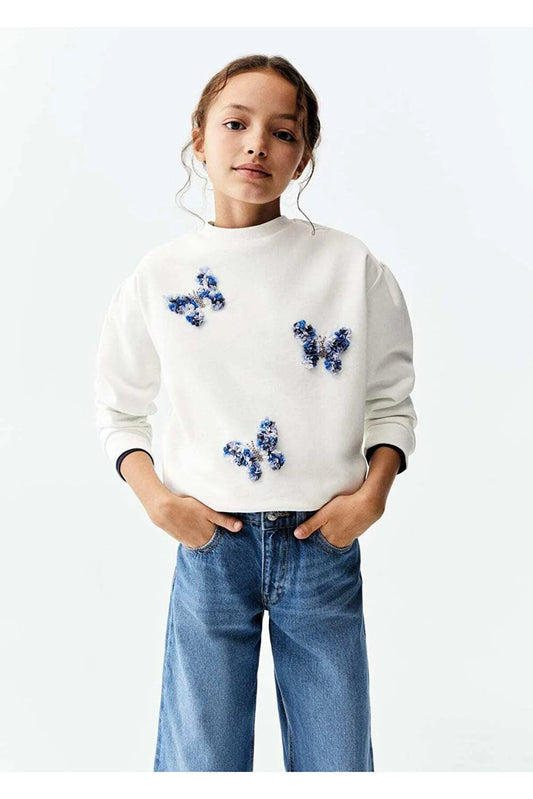 Mango Kids Girl's White Patterned cotton sweatshirt