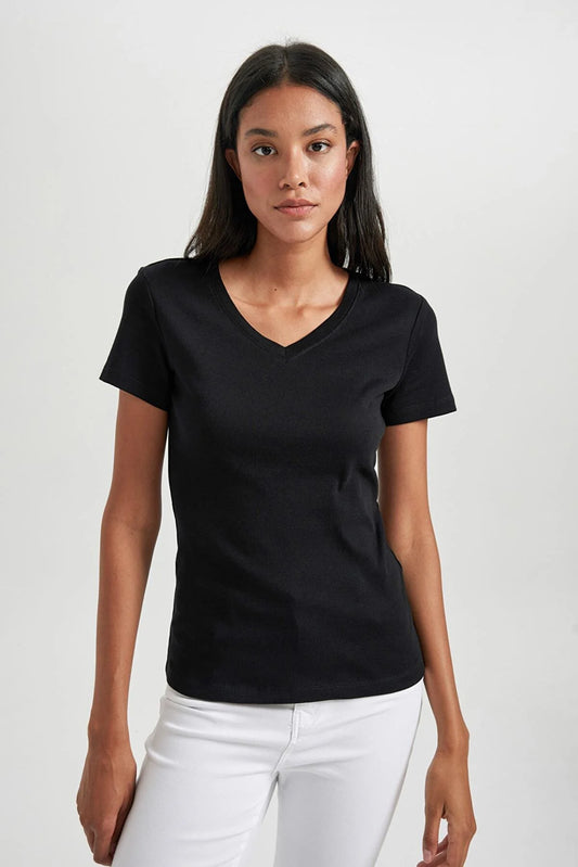 Defacto Women's Black Slim Fit V Neck Short Sleeve T-Shirt
