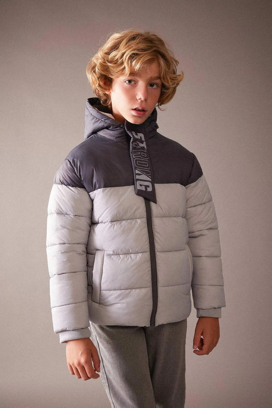 Defacto Boy's Grey Repellent Hooded Fleece Lined Coat