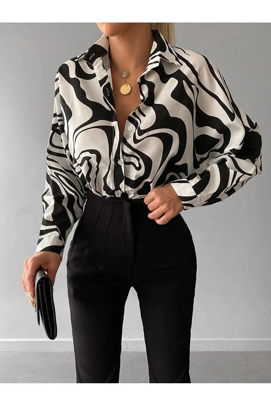 Armonika Women's Black Patterned Oversize Long Basic Shirt