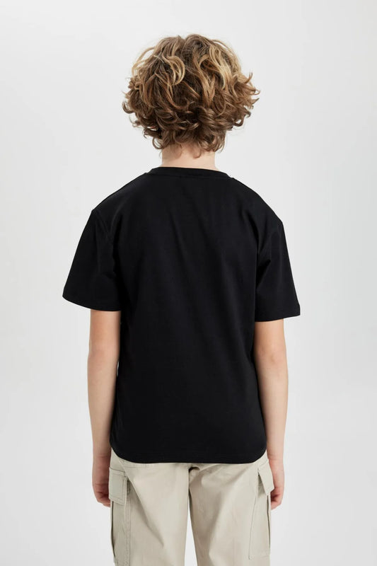 Defacto Boy's Black Regular Fit Crew Neck Printed Short Sleeve T-Shirt