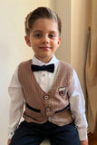 Pollito Boy's Striped Beige Navy Blue Two-Pocket Vest 4-Piece Suit