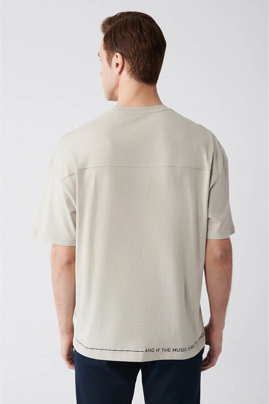Avva Men's Beige Oversize 100% Cotton Crew Neck Slogan Printed T-shirt