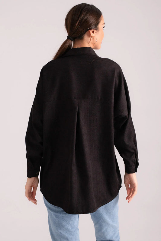 Armonika Women's Black Pocket Oversize Slim Corduroy Shirt